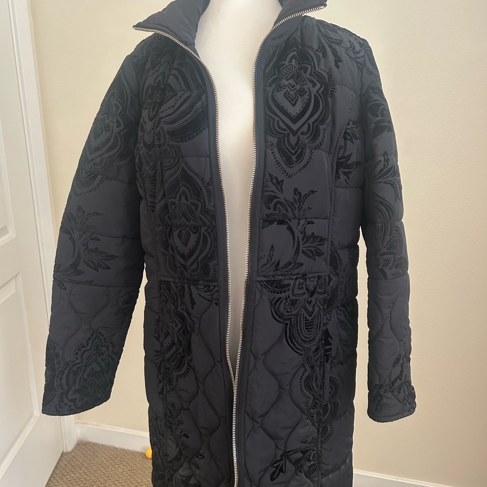 Chico's Black Embroidered Puffer Coat